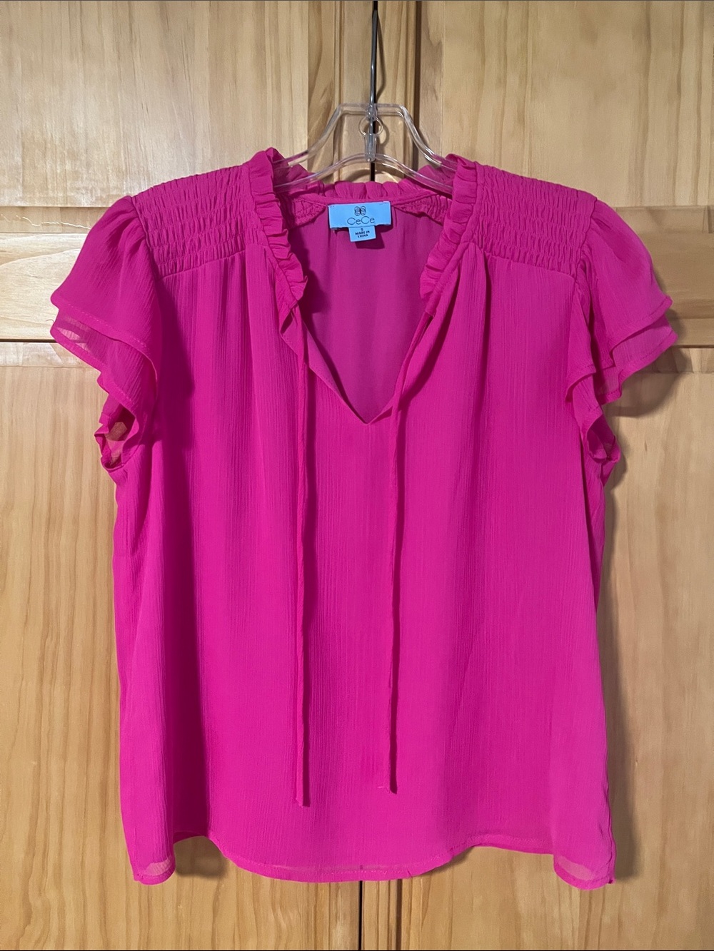 CeCe Bright Fuchsia Ruffled Tie-Neck Blouse